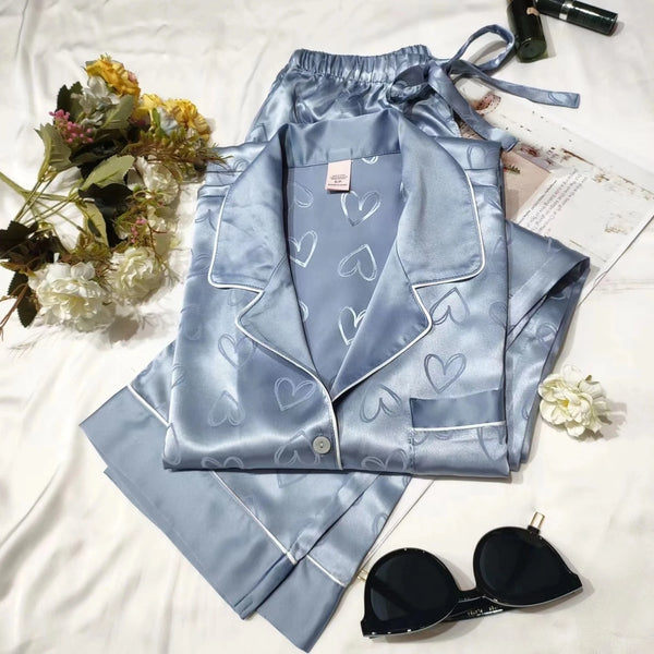 Women's Pajamas Lounge Set Heart Print Casual Sleepwear Button Lapel Neck Loong Sleeve Top & Pants Pyjama Home Clothing New
