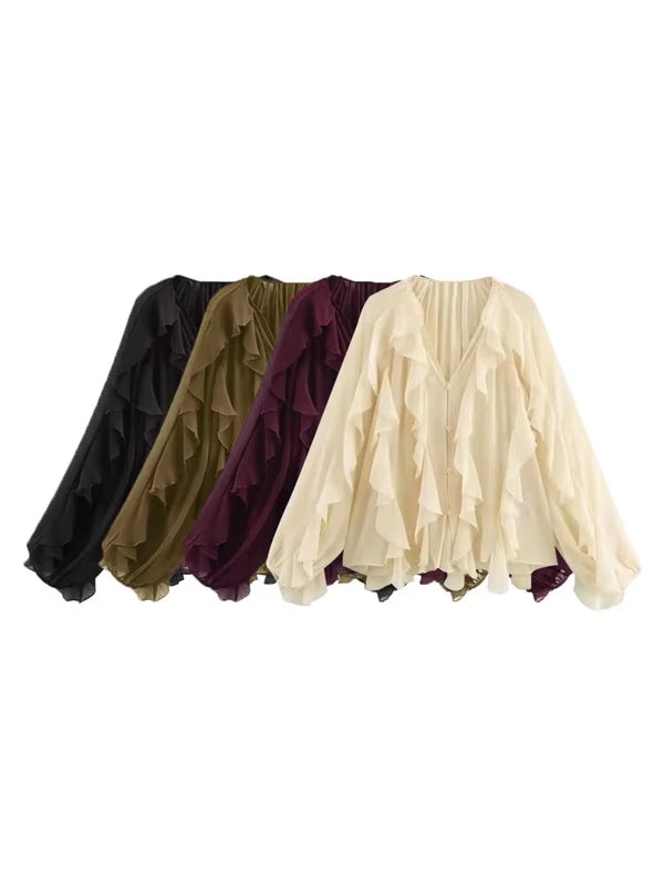 TRZA Women Fashion With Ruffles Semi-sheer Blouses V Neck Long Sleeve Button-up Female Shirts Chic Tops