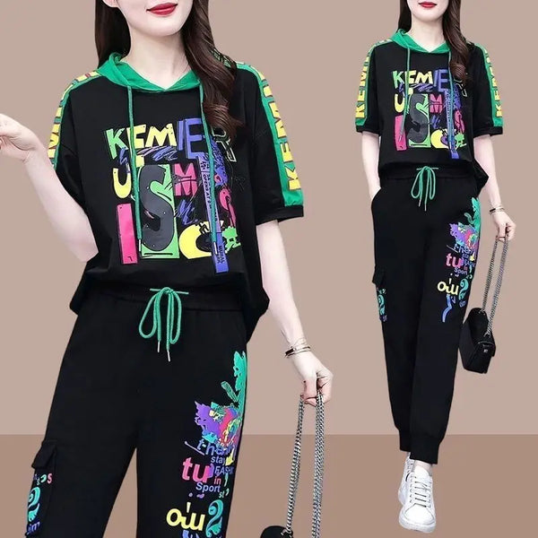 Leisure sportswear set for women's 2025 summer new fashionable versatile hooded sweater high waisted Harlan pants two-piece set