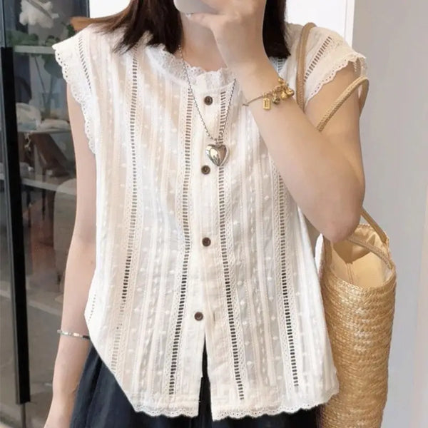 Chiffon Shirt for Women's Summer New Style French Large Size Women's Hollow Lace Shirt Versatile Sleeveless Top