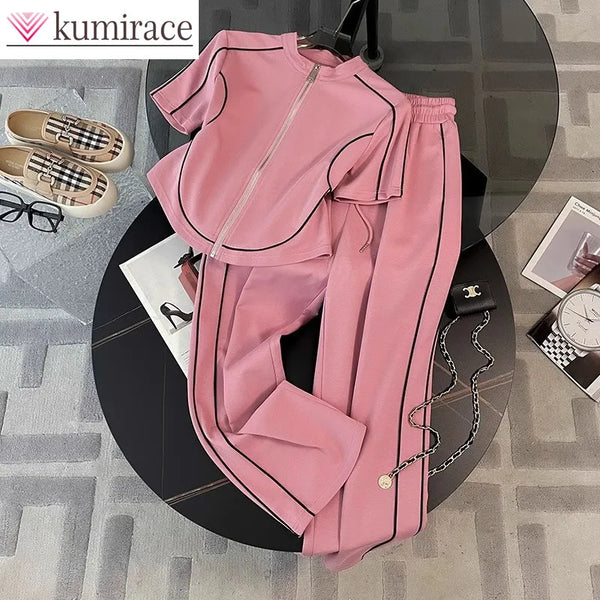 Fashion Sportswear Set for Women's Summer New Style Western-style Age Reducing Korean Casual Wide Leg Pants Two-piece Set