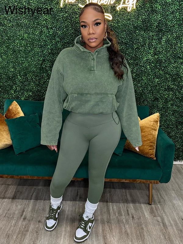 Casual Sportswear Green 2 Piece Sets Women Buttons Turtleneck Long Sleeve Sweatshirts and Leggings Pants Jogging Suits Tracksuit