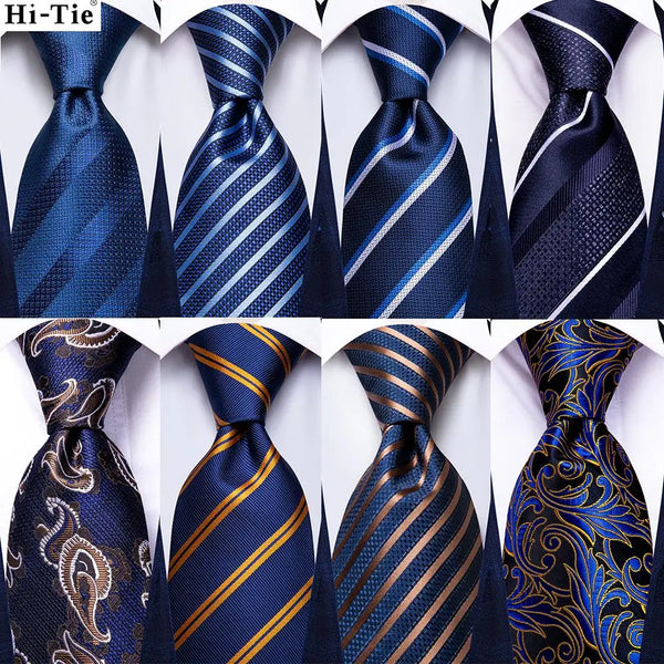 Hi-Tie Silk Mens Business Tie Striped Navy Blue Wedding Necktie For Men Quality Hanky Cufflink Party Fashion Designer Wholesale