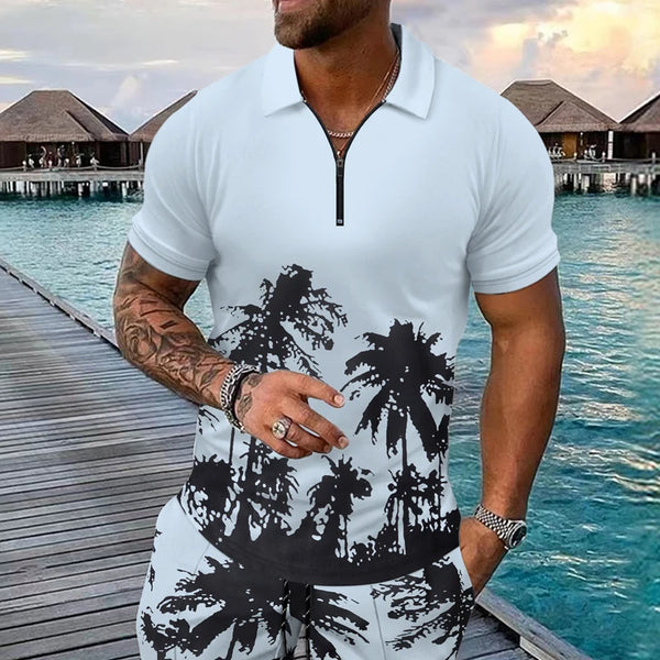 2024 Men's summer short sleeved lapel 3D digital printed striped polo shirt with fake pocket buckle men's business casual zipper