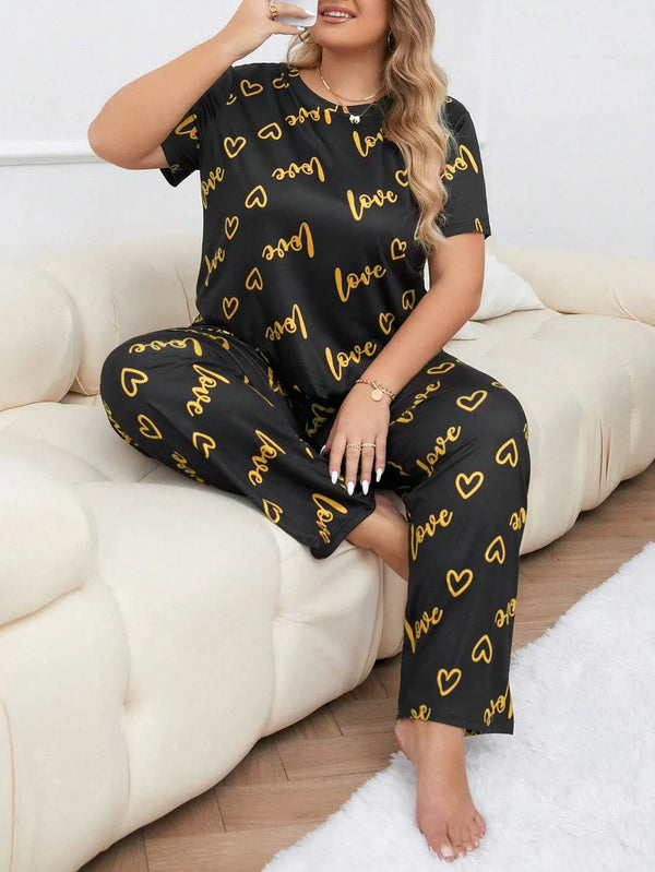 Women Sleepwear Pajamas Suit 2 Piece Sets Top Pants Outfits Short Sleeve Print Round Collar Summer Nightwear Trousers Loungewear
