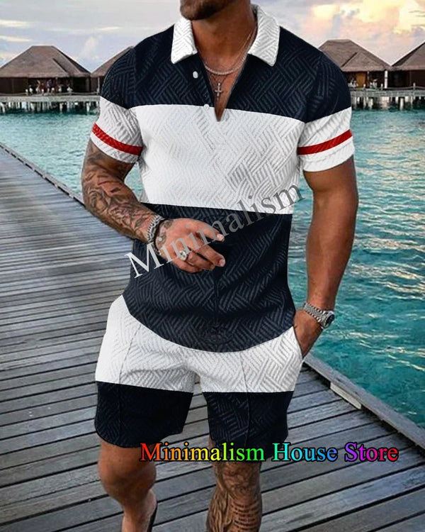 2 Piece Set Outfits Summer Tracksuit For Men 3D Print Short Sleeve Zipper Polo Shirt And Shorts Suit Casual Sports Male Clothes