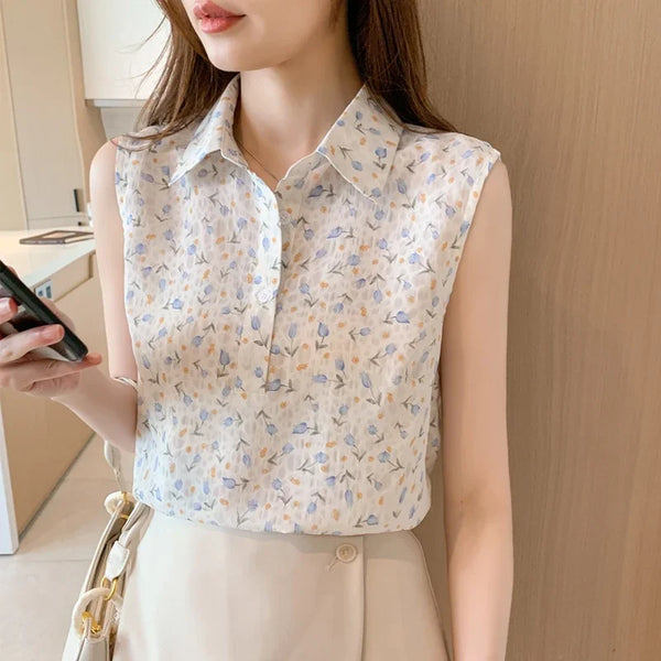 Summer Women's Blouse Floral Elegant Shirt Sleeveless Tank Tops Blouses Chiffon Female Clothing Office Lady Shirts and Blouses
