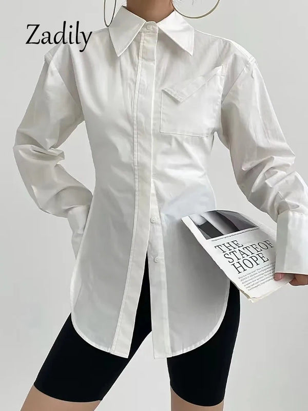 2025 Spring New In Streetwear Long Sleeve White Shirt Women Minimalist Pocket Button Up Ladies Tunic Blouse Y2K Female Tops