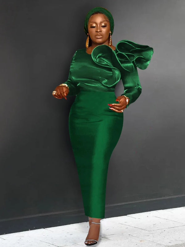 Long Sleeve Dresses Green Ruffles High Waist Package Hip Bodycon Women Evening Party Event Christmas Gowns Outfits Large Size XL